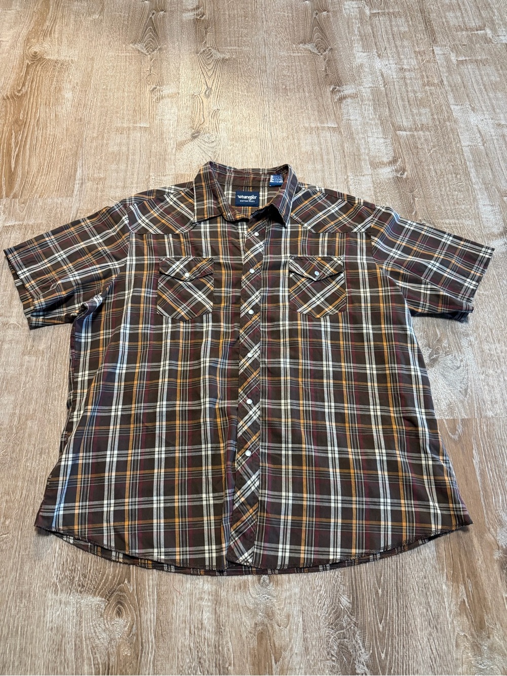 Wrangler Men’s XXL Western Plaid Snap Shirt Brown Burgundy Short Sleeve